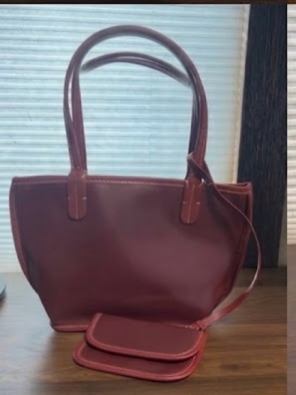 Women's Burgundy Leather Tote with Matching Coin Pouches
